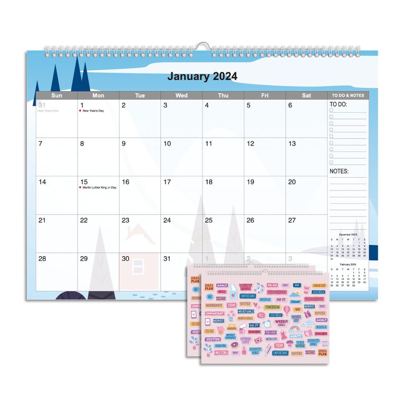 Photo 1 of 2024 Calendar 12 Month Wall - 2024 Calendar Jan. - Dec. 12" X 17", Large Calendar With Calendar Stickers, Spiral Bound, Hanging Hook, Great For Planning And Organizing Your Home School Office Time 17''X12''
