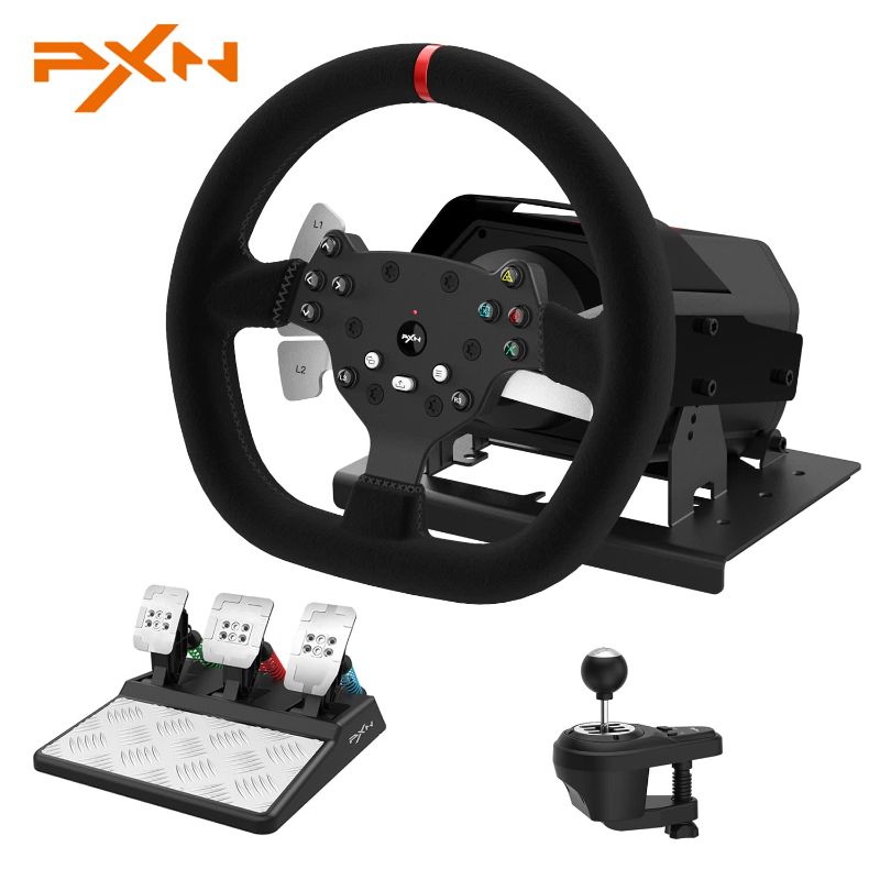 Photo 1 of Force Feedback Steering Wheel, PXN V9 Real Force Feedback Driving Wheel with 6+1 Speed Shifter and Adjustable Magnetic Pedals, Stainless Steel Paddle Shifters for PS4, Xbox Series X|S, PC, Xbox One