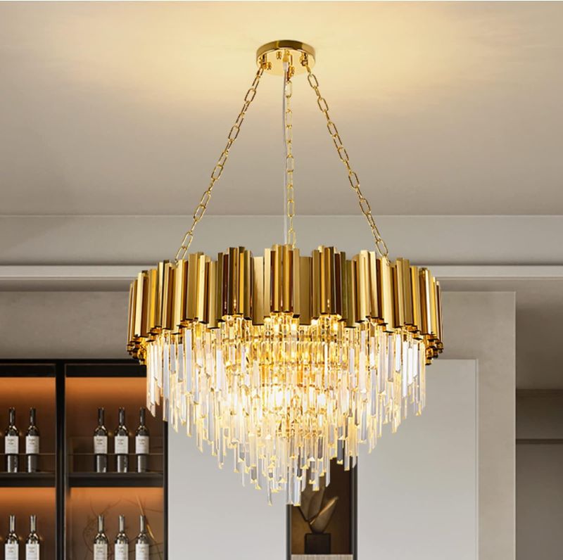 Photo 1 of WABON Modern K9 Crystal Pendant Lighting,Round Gold Crystal Chandelier Contemporary Luxury Pendant Ceiling Lighting Fixture for Dining Living Room Kitchen Island Bedroom Foyer Hallway
