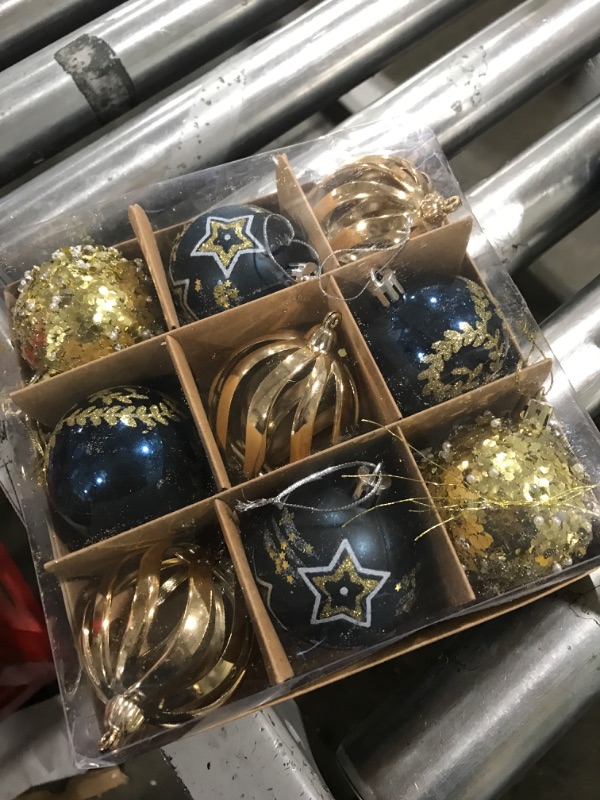 Photo 2 of 2.36"/60mm Blue Gold Christmas Balls Ornaments Set, NEVSETPO 9PCS Xmas Tree Decorations Shatterproof Creative Design Exquisite Hanging Balls for Holiday Party Wedding Decoration Gift

