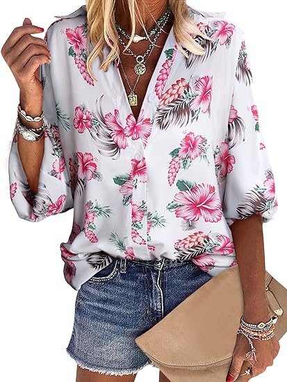 Photo 1 of [Size L] Womens Button Down Long Sleeve Floral Printed Loose Fit Chiffon Gauze Hawaiian Tropical Shirts Blouse Tops