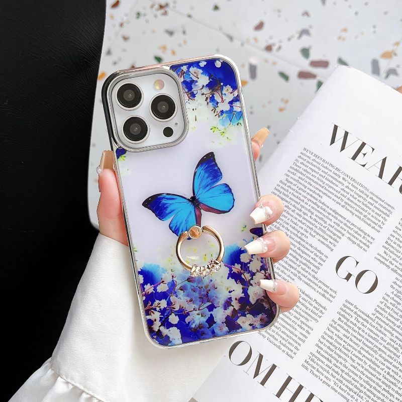 Photo 1 of Jmltech for iPhone 14 Pro Max Case with Ring Holder Kickstand Hybrid Silver TPU Bumper with Hard Back Floral Pattern Protective Phone Case Butterfly 