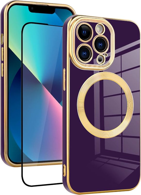 Photo 1 of Fiyart Designed for iPhone 13 Pro Max Case Magnetic Case [ Compatible with MagSafe] with Camera Lens Protector Full Protection Electro Plating Back Case for iPhone 13 Pro Max-Purple 