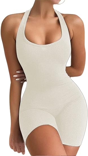 Photo 1 of [Size M] LovelyWholesale Women's Sexy V Neck Bodycon Rompers Sleeveless Spaghetti Strap Short Jumpsuits- White