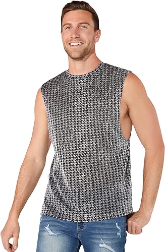 Photo 1 of [Size XL] WDIRARA Men's Mesh Houndstooth Galaxy Print Glitter Tank Top Round Neck Party T Shirt Sleeveless Tee