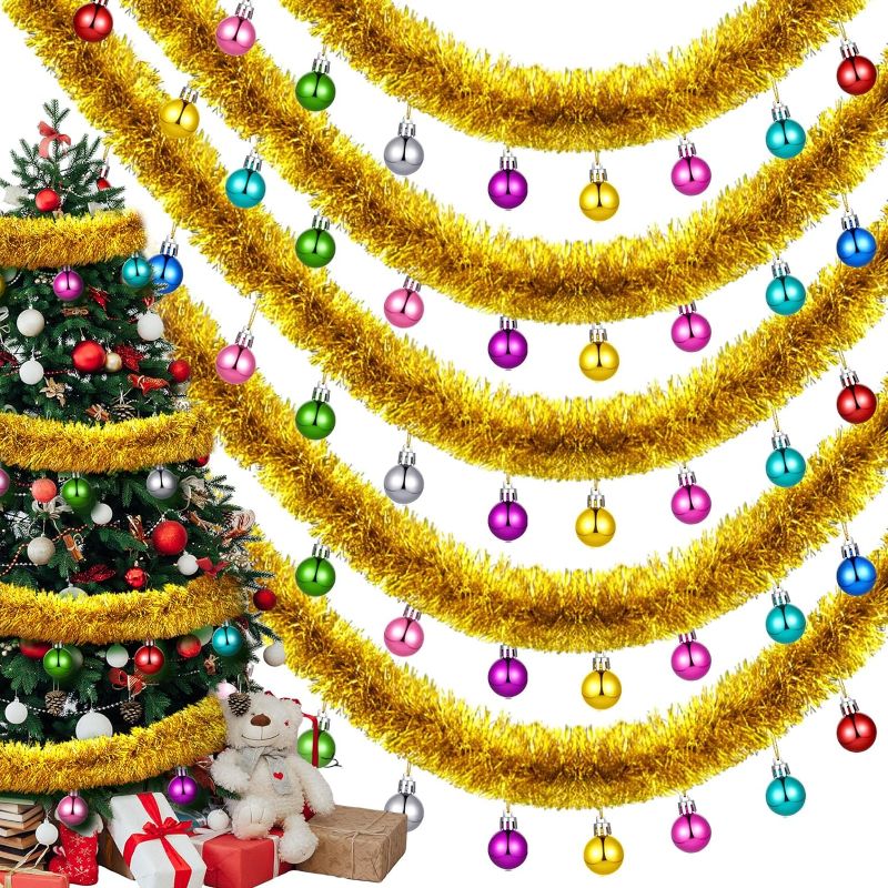 Photo 1 of Zeyune 5 Pcs 33 ft Christmas Tinsel Garland Metallic Twist Garland with Ball Tree Foil Metallic Streamers Christmas Ball Tinsel Decoration for Outdoor Wedding Birthday Party, 6.6 ft Each (Gold) 