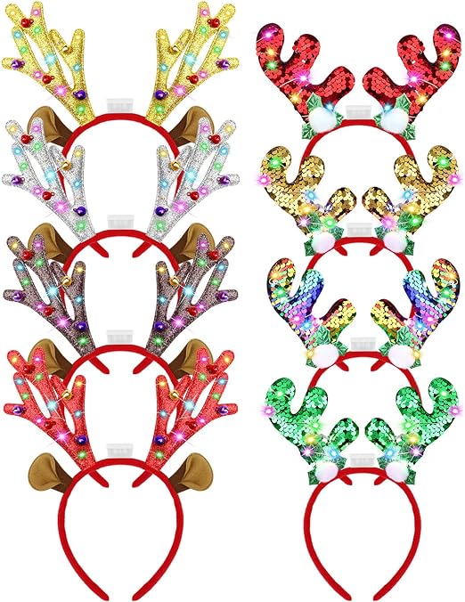 Photo 1 of Aneco 8 Pieces Light Up Christmas Headbands LED Reindeer Christmas Headbands Xmas Antler Headbands for Christmas Holiday Supplies Accessory