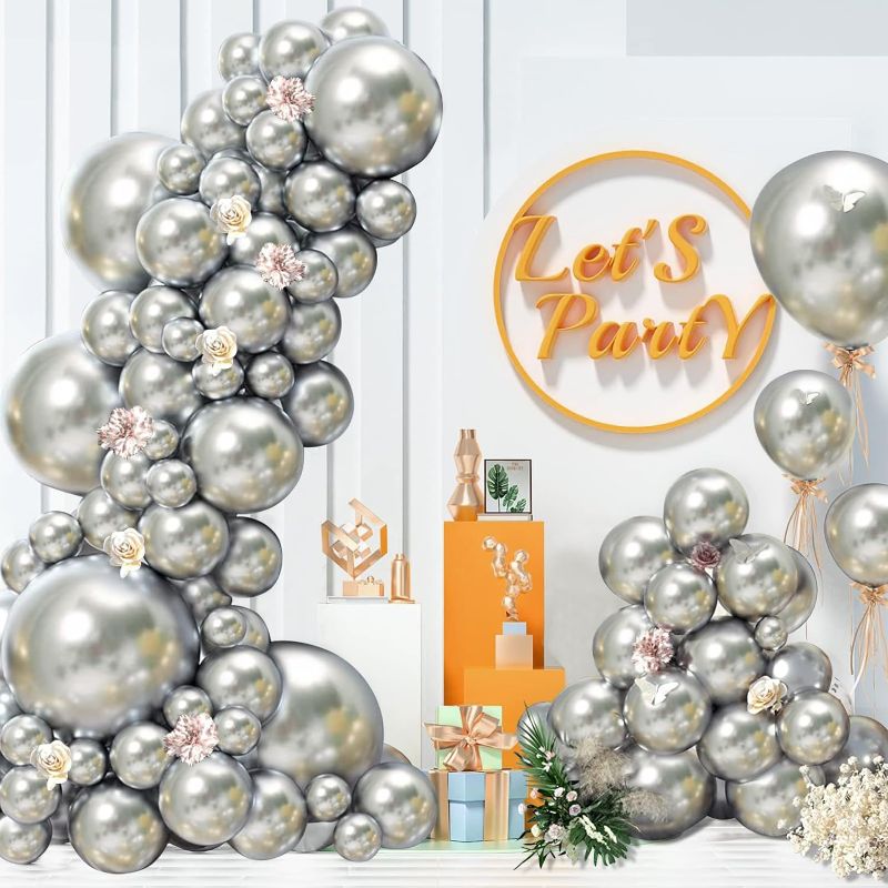 Photo 1 of 134 Metallic Silver Balloons Different Sizes 18/12/10/5 Inch, Chrome Silver Latex Balloon Garland Arch Kit - Ideal for Wedding Bridal Shower Baby Shower Graduation Birthday Party Decorations Supplies 