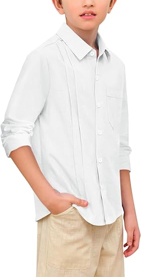 Photo 1 of [Size 5T] Hestenve Kid Boys Button Down Cotton Linen Shirt Casual Long Sleeve Dress Shirt- White