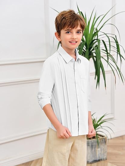 Photo 1 of [Size 4T] Hestenve Boys Button Down Shirt Casual Long Sleeve Linen Cotton Top with Pocket- White
