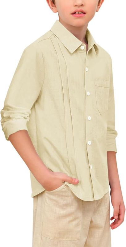 Photo 1 of [Size 5T] Hestenve Kid Boys Button Down Cotton Linen Shirt Casual Long Sleeve Dress Shirt- Beige