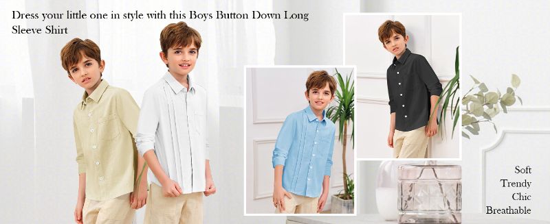 Photo 1 of [Size 4-5T] Hestenve Kid Boys Button Down Cotton Linen Shirt Casual Long Sleeve Dress Shirt- Blue