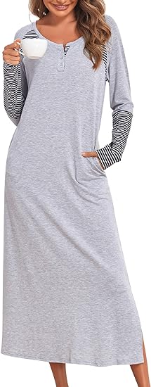 Photo 1 of [Size M] MISSKY Women's Loungewear Long Nightgowns Stripe Splicing V Neck Sleepwear Button Full Length Nightshirt with Pockets