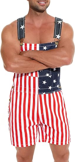 Photo 1 of [Size 4XL] ZAROXOXS Unisex Patriotic American Flag Overalls Jeans Bibs Adjustable Straps Patriotic Jumpsuit Shorts Rompers for Men and Women - Mens & Womens One Piece Jumpsuit