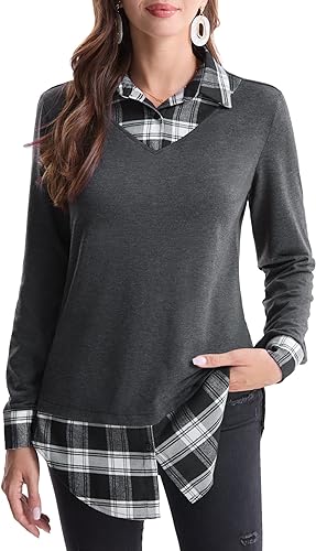 Photo 1 of [Size M] DJT Women's Contrast Plaid Collar 2 in 1 Blouse Tunic Tops