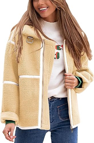 Photo 1 of Fisoew Womens Fleece Sherpa Jacket Long Sleeve Lapel Zip Up Winter Coat Outwear with Pockets- MEDIUM