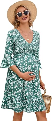 Photo 1 of Coolmee Women's Maternity Short Sleeve Ruffle Dress V Neck Summer Casual Smocked Flowy Midi Dress for Baby Shower Photoshoot - MEDIUM