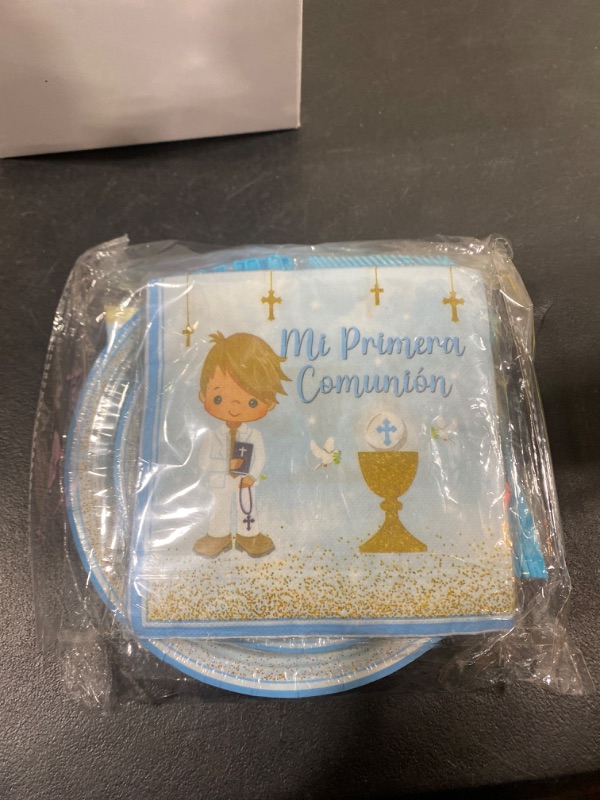 Photo 2 of Baptism Decorations for Boys,81Pcs The First Communion Party Tableware Included Disposable Paper Plate,Napkins Blue Religious Cross Baptism Decorations for Baby Shower,Confirmation Decorations (Boys)