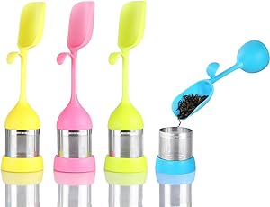 Photo 1 of 2 in 1 Silicone Extra Fine Mesh Tea Infuser Filter with Integrated Spoon, Anti-floating Tea Steeper, 18/8 Stainless Steel Tea Diffuser Strainer for Loose Leaf Tea, BPA Free, 4 Pack, by KITCHENDAO
