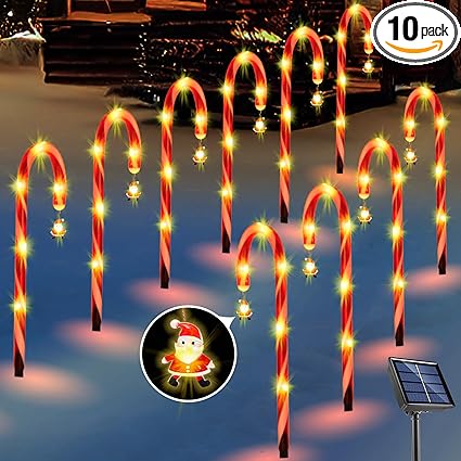Photo 1 of 10 Pack Candy Cane Lights Solar Christmas Decorations Outdoor Led Pathway Markers Lights with Santa Claus for Walkway Driveway Lawn Yard Garden Home Indoor Xmas Decor 2-in-1 Rechargeable Solar Power

