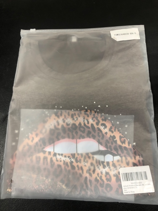 Photo 2 of Anbech Women's Leopard Lip Shirts Mouth Print Tops Short Sleeve Crew Neck Graphic Tees (Brown, S)