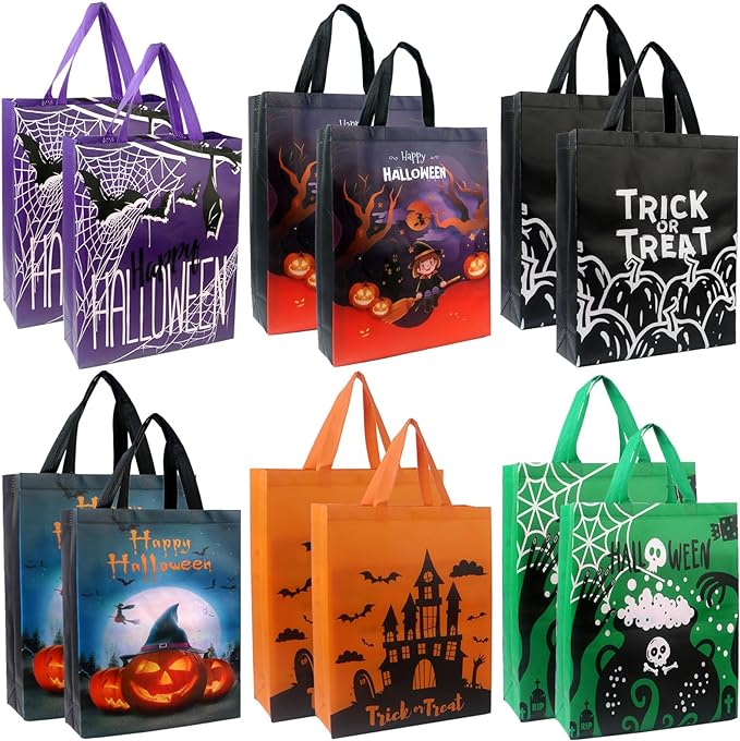 Photo 1 of 12PCS Halloween Trick or Treat Bags Halloween Tote Bags with Handles, Halloween Large Gift Bag Halloween Non-Woven Bags for Trick or Treat Gift Wrapping Halloween Party Supplies, 15×11.8×3.9”