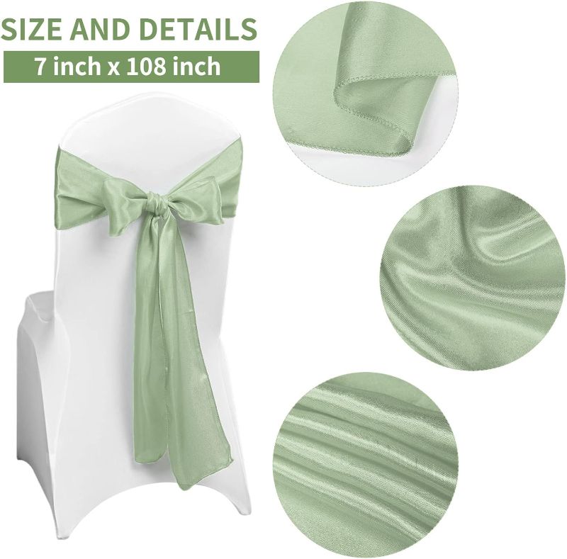 Photo 1 of [7 pcs] REWOMCSatin Chair Sash Chair Decorative Bow Designed Chair Cover Chair Sashes for Thanksgiving Wedding Banquet Party Home Kitchen Decoration (Sage Green,7 x 108 inch) Sage Green