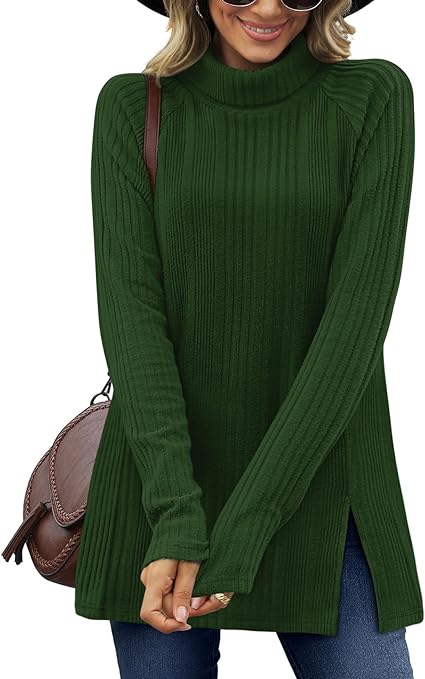 Photo 1 of [Size 2XL] OFEEFAN Womens Long Sleeve Tops Turtle Neck Tunics Fall and Winter Front Slit- Olive Green