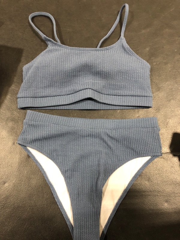 Photo 1 of [Size M] High Waisted Tummy Control Ribbed Bikini Crop Top Brazilian Swimsuit Set 2 Piece