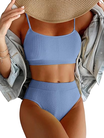 Photo 1 of [Size M] High Waisted Tummy Control Ribbed Bikini Crop Top Brazilian Swimsuit Set 2 Piece