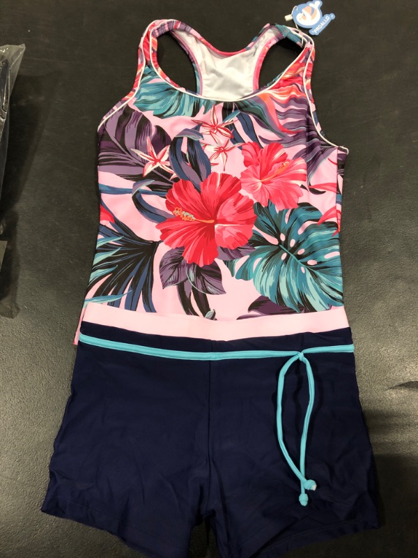 Photo 2 of [Size XL] PROALLO Little Girls' Summer Swimwear Two Piece Boyshort Tankini Kids Swimsuit 5-6 Years Hibiscus