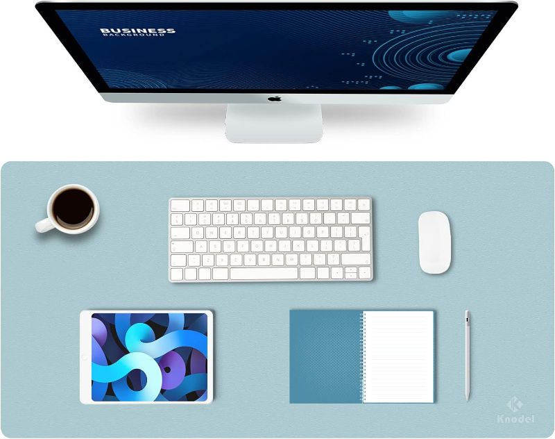 Photo 1 of Desk Mat, Mouse and Desk Pad, Waterproof for Desktop, Leather Pad for Keyboard, Mouse, Office and Home (Light Blue, 31.5" x 15.7")