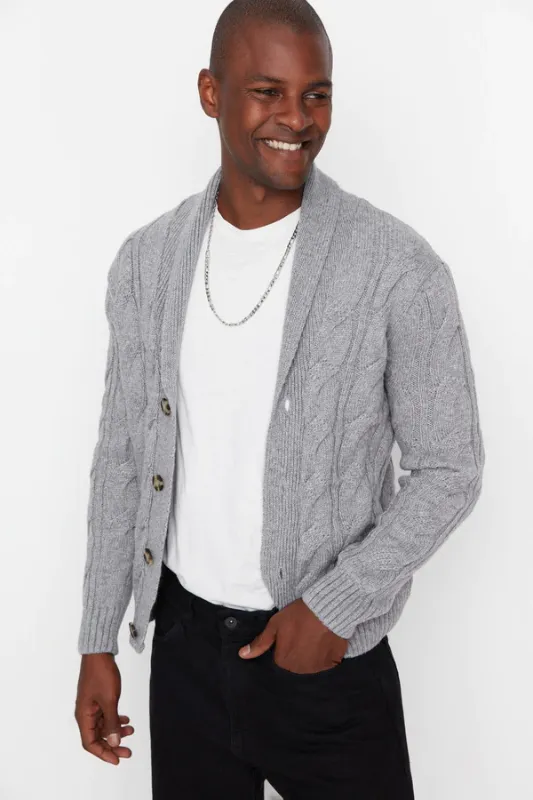 Photo 1 of [Size M]  Men's Slim Fit Shawl Collar Knitwear Knitwear Cardigan- Grey