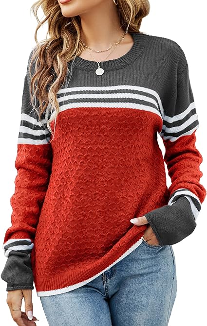 Photo 1 of [Size M] koitmy Women's Long Sleeve Cute Stripe Patchwork Knitted Pullover Sweater
