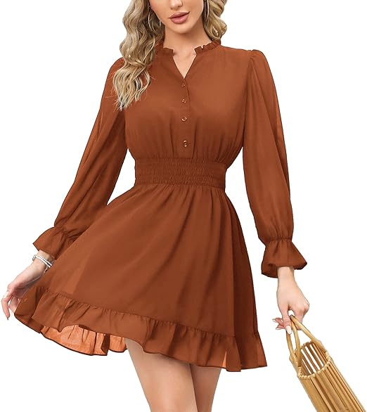 Photo 1 of [Size S] EXLURA Womens 2023 Fall Winter Wedding Guest Mini Dress V Neck Waist Dress Long Puff Sleeve Party Dresses