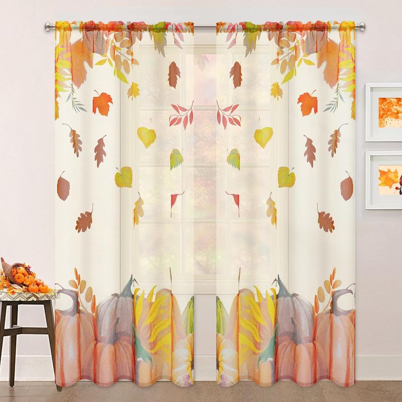 Photo 1 of Alishomtll Fall Sheer Curtains 84 Inches Long 2 Panel Sets, Autumn Curtains Wall Decor, Pumpkin Maple Sheer Curtain Drapes for Living Room Bedroom Windows Home Fall Decor 