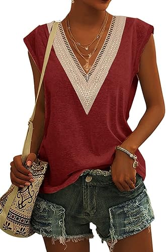 Photo 1 of [Size S] Women's Deep Lace V Neck Tank Tops Cap Sleeve Loose Fit Flowy Basic Cute Casual Tops Shirts-  Coffee