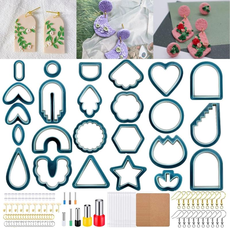 Photo 1 of 142 Pcs Polymer Clay Cutters, 24 Shapes Clay Earring Cutters with Earring Hooks, Polymer Clay Jewelry Earring Cutters for Clay Jewelry Making Blue