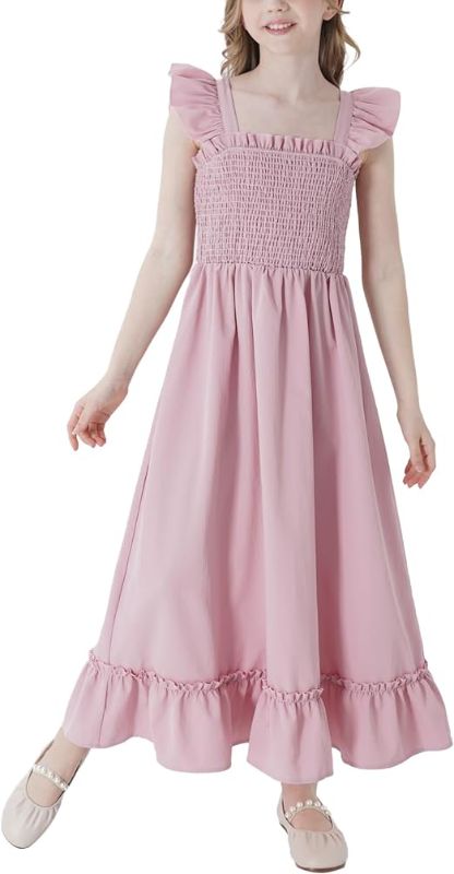 Photo 1 of [Size 8-9yrs] PDCALL Girls' Short Sleeve Ruffle Hem Dress Off Shoulder Tie Back Casual Elegant Dress- Pink