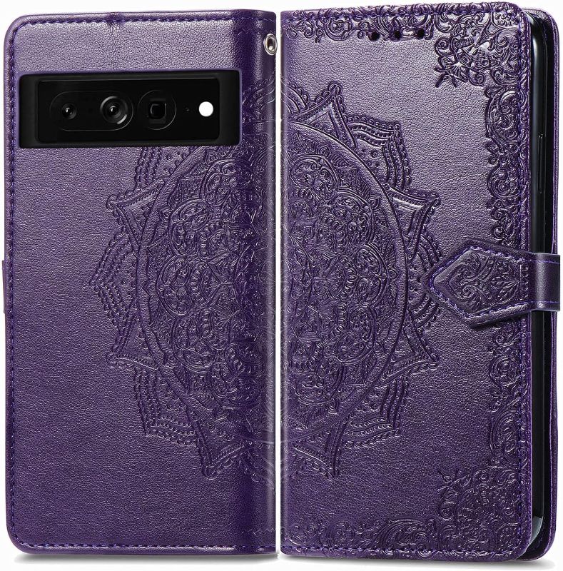 Photo 1 of LEMAXELERS Compatible with Google Pixel 7 Case PU Leather Phone Case Mandala Embossed Wallet Flip Shockproof Protective with Stand Card Holder Cover for Google Pixel 7. Mandala Purple SD 