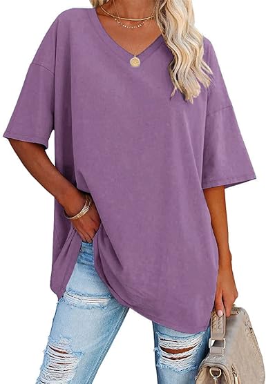 Photo 1 of [Size S] Ebifin Women's Striped Oversized T Shirts V Neck Tees Half Sleeve Comfy Cozy Cotton Tunic Tops with Pockets - Purple