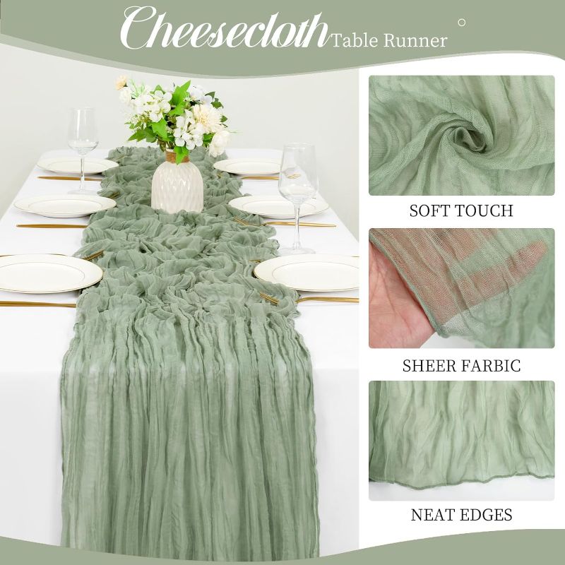 Photo 1 of 10Ft Sage Green Cheesecloth Table Runner 35 x 120 inch Boho Gauze Cheese Cloth Table Runner Vintage Rustic Sheer Runners for Wedding Bridal Shower Birthday Party Cake Table Decorations Sage Green  - 10Ft