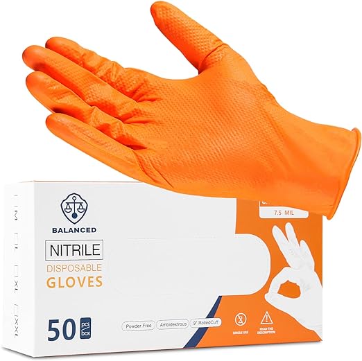 Photo 1 of [Size XL] LOGO Orange Disposable Nitrile Gloves-7.5mil Grip Diamond Textured heavy duty automotive mechanic compostable (50pcs/box)
