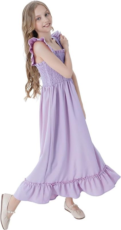 Photo 1 of [Size 8-9yrs] PDCALL Girls' Short Sleeve Ruffle Hem Dress Off Shoulder Tie Back Casual Elegant Dress for - Purple  