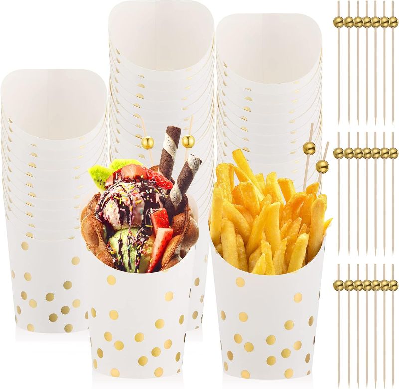 Photo 1 of 14 oz Charcuterie Cups Disposable French Fries Holder Paper French Fry Cups Gold Polka Dots Popcorn Boxes and 4.7 Inch Cocktail Picks Gold Pearl Bamboo Skewers for Party (White, 400 Pcs) 