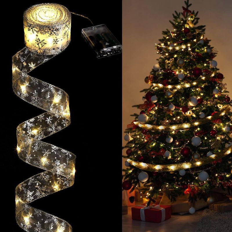 Photo 1 of 20 Feet 60 LED Christmas Ribbon Fairy Lights Light up Christmas Ribbon for Christmas Tree String Lights Unfinished Silver Ribbons for Xmas Party Hanging Decoration Indoor Outdoor(Snowflake Style) 