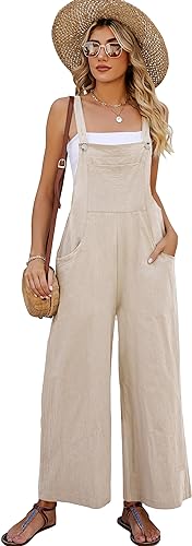 Photo 1 of [Size S] Wyeysyt Women's Wide Leg Overalls Loose Fit Cotton Linen Jumpsuits Casual Long Baggy Rompers Summer Bib Pants with Pockets(Beige-S)