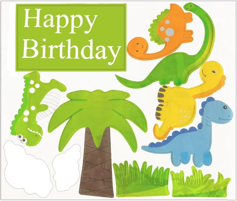 Photo 2 of 3 pck-Dinosaur Cake Toppers for Boys and Girls, Dinosaur Cupcake Toppers Happy Birthday for Kids 1 2 3 4 5 6 7 8 year olds, Birthday Cake Decorations Cards Party Supplies with Clouds and Tree