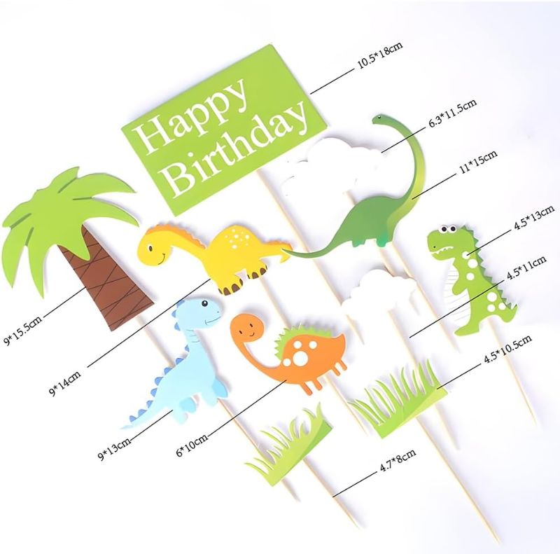 Photo 1 of 3 pck-Dinosaur Cake Toppers for Boys and Girls, Dinosaur Cupcake Toppers Happy Birthday for Kids 1 2 3 4 5 6 7 8 year olds, Birthday Cake Decorations Cards Party Supplies with Clouds and Tree