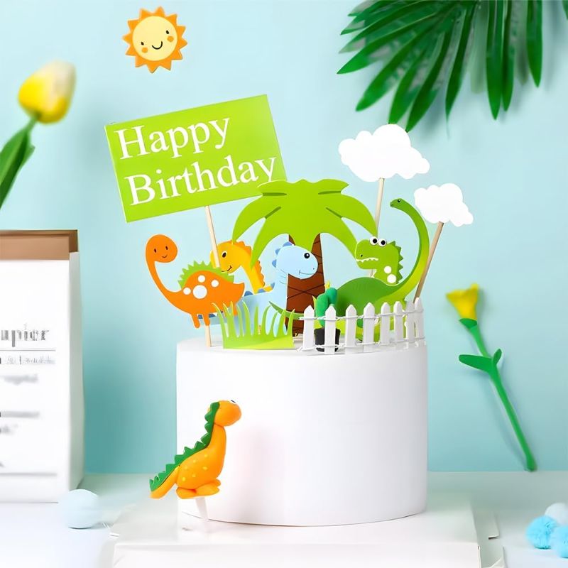 Photo 1 of 3 pack-Dinosaur Cake Toppers for Boys and Girls, Dinosaur Cupcake Toppers Happy Birthday for Kids 1 2 3 4 5 6 7 8 year olds, Birthday Cake Decorations Cards Party Supplies with Clouds and Tree